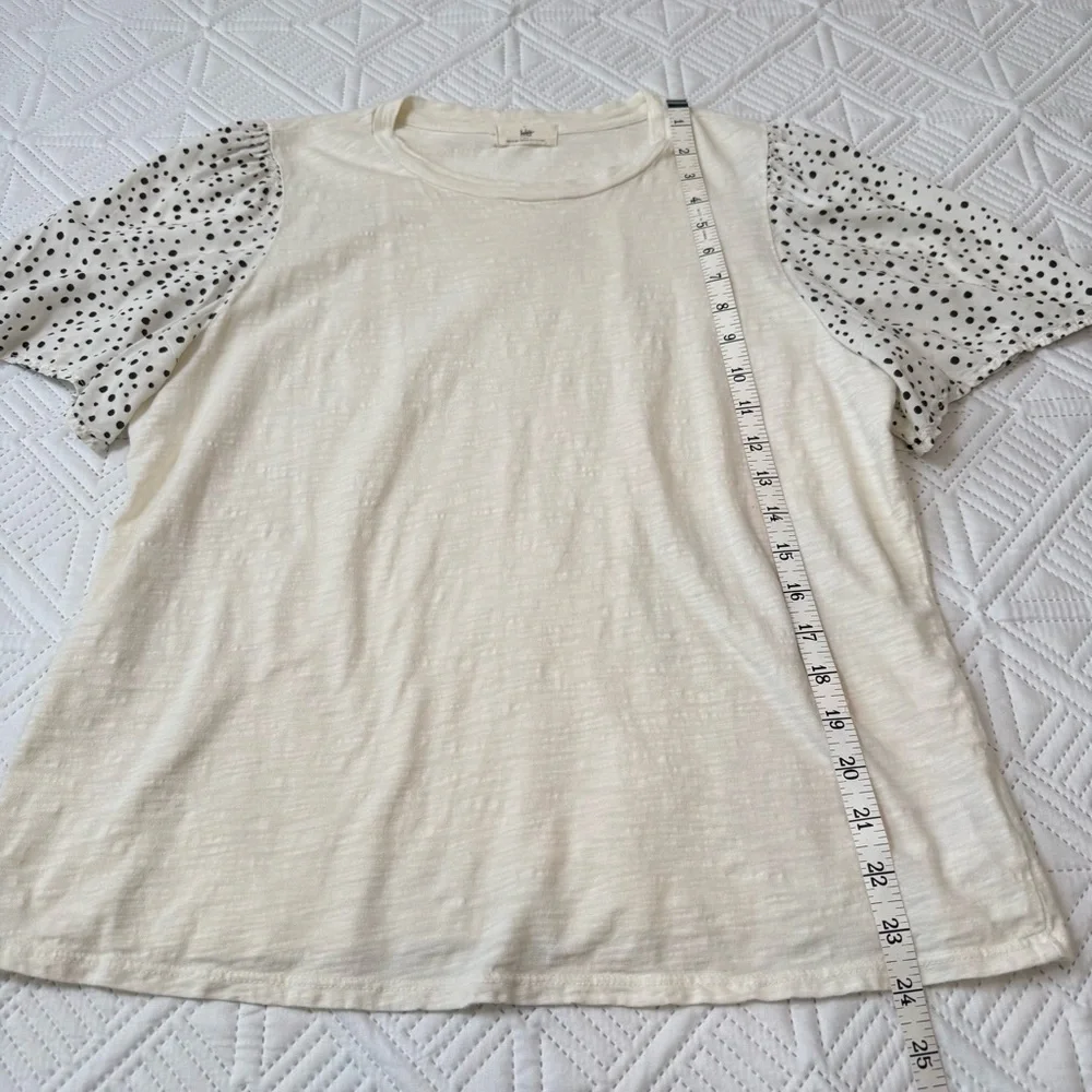 Anthropologie T.La White Top with Black Polka Dot Sleeves Size L